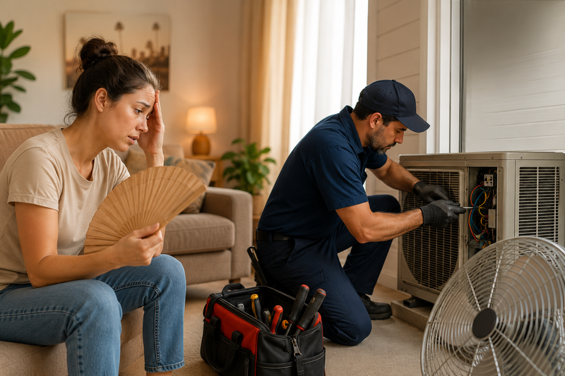 HVAC technician diagnosing AC blowing warm air in Inglewood home