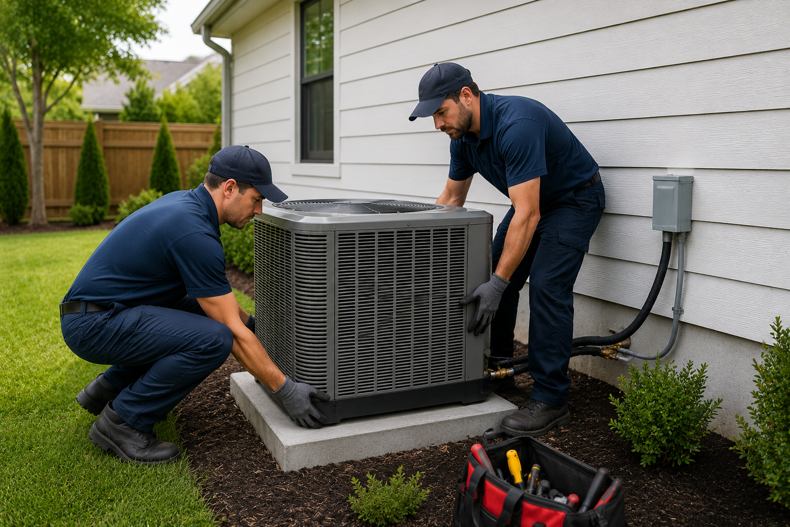 HVAC technician performing new air conditioner installation in Inglewood home